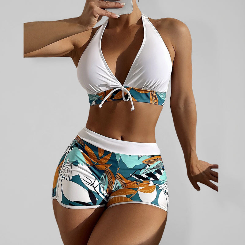 Colorblock High-Waisted Bikini Set – Deep V-Neck Top & Boxer Tie Bottoms