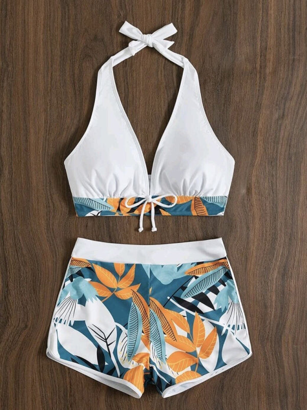 Colorblock High-Waisted Bikini Set – Deep V-Neck Top & Boxer Tie Bottoms