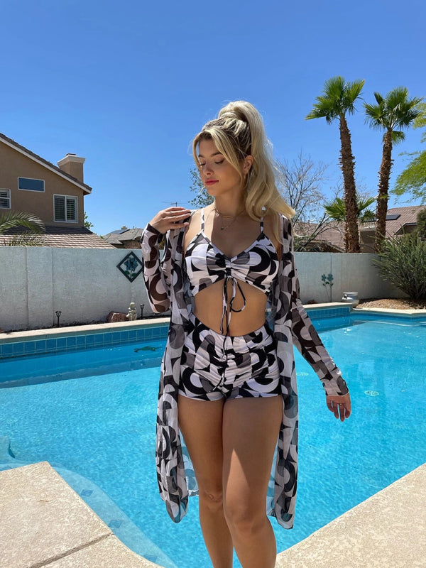 High-Waisted 3-Piece Bikini Set with Long Sleeve Cover-Up & Drawstring Detail