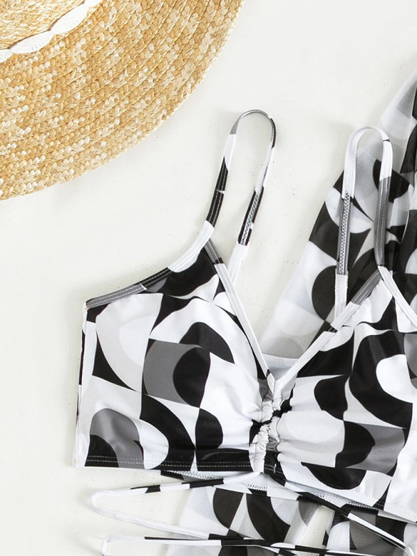 High-Waisted 3-Piece Bikini Set with Long Sleeve Cover-Up & Drawstring Detail