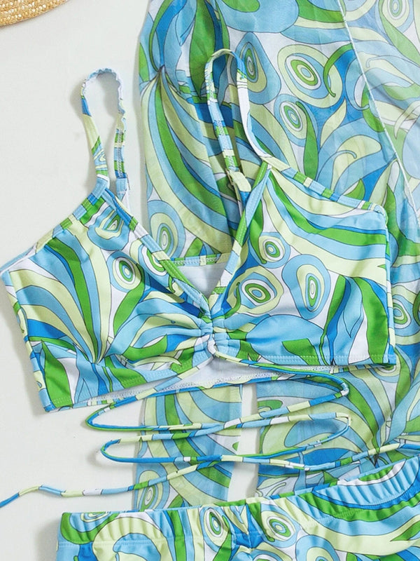 High-Waisted 3-Piece Bikini Set with Long Sleeve Cover-Up & Drawstring Detail