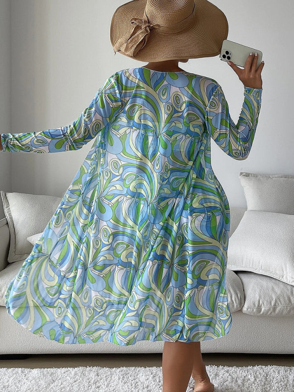 High-Waisted 3-Piece Bikini Set with Long Sleeve Cover-Up & Drawstring Detail