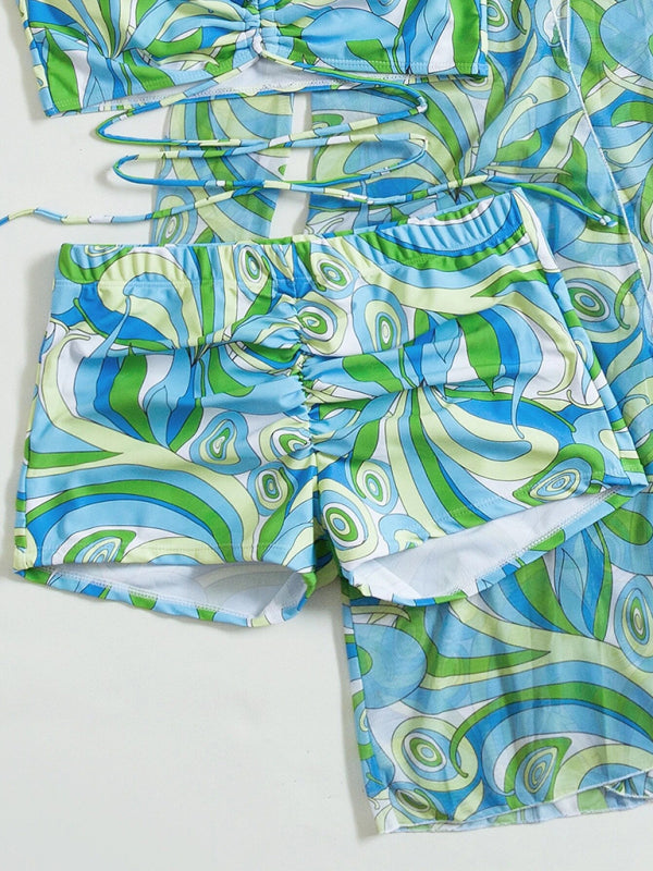 High-Waisted 3-Piece Bikini Set with Long Sleeve Cover-Up & Drawstring Detail