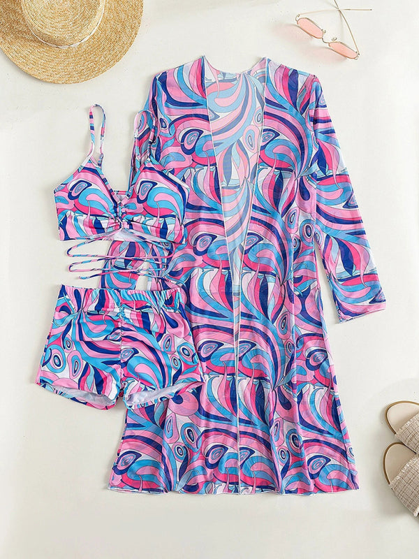 High-Waisted 3-Piece Bikini Set with Long Sleeve Cover-Up & Drawstring Detail