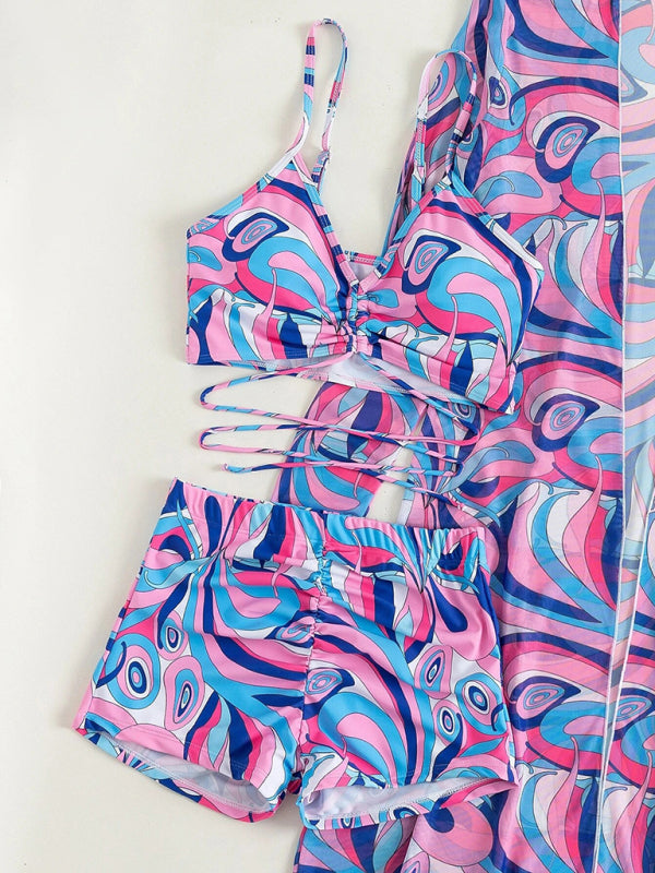 High-Waisted 3-Piece Bikini Set with Long Sleeve Cover-Up & Drawstring Detail