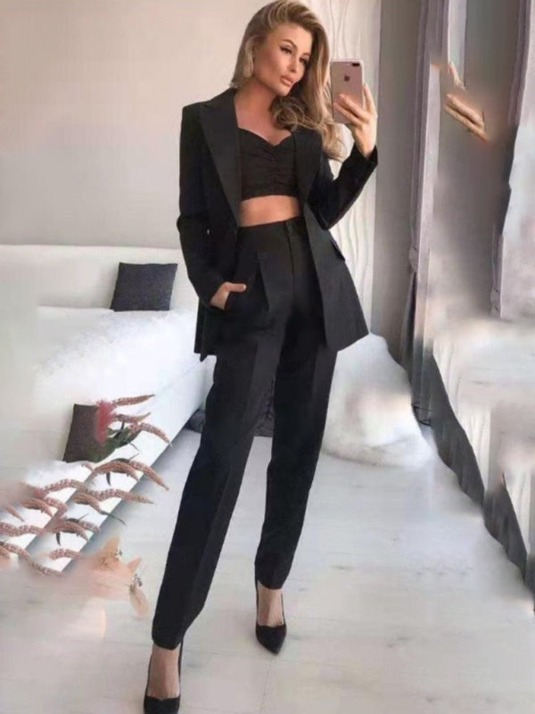 Elegant Solid Color Three-Piece Suit – Blazer, Pants & Crop Top Set