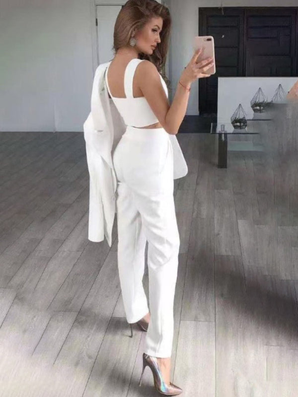 Elegant Solid Color Three-Piece Suit – Blazer, Pants & Crop Top Set