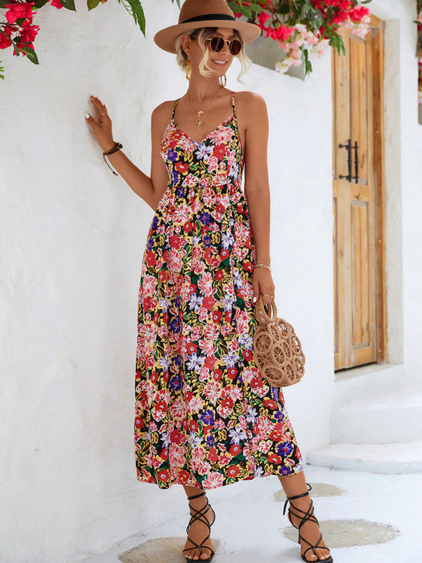 Floral Backless Slit Slip Dress – V-Neck Lightweight Spring-Summer Dress