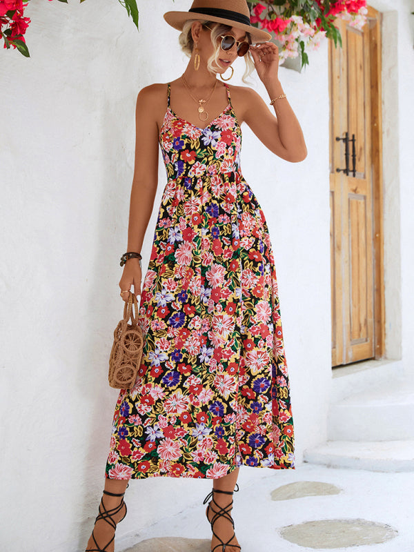 Floral Backless Slit Slip Dress – V-Neck Lightweight Spring-Summer Dress