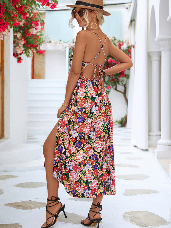 Floral Backless Slit Slip Dress – V-Neck Lightweight Spring-Summer Dress
