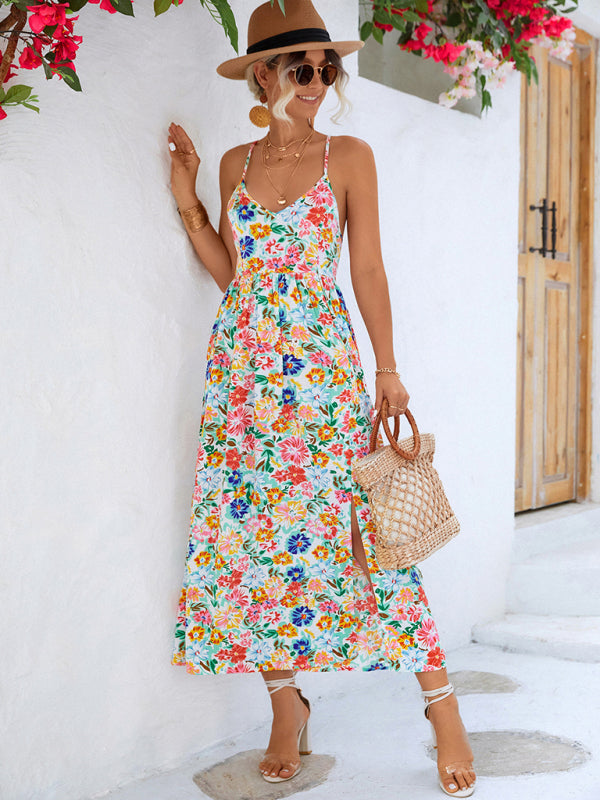 Floral Backless Slit Slip Dress – V-Neck Lightweight Spring-Summer Dress