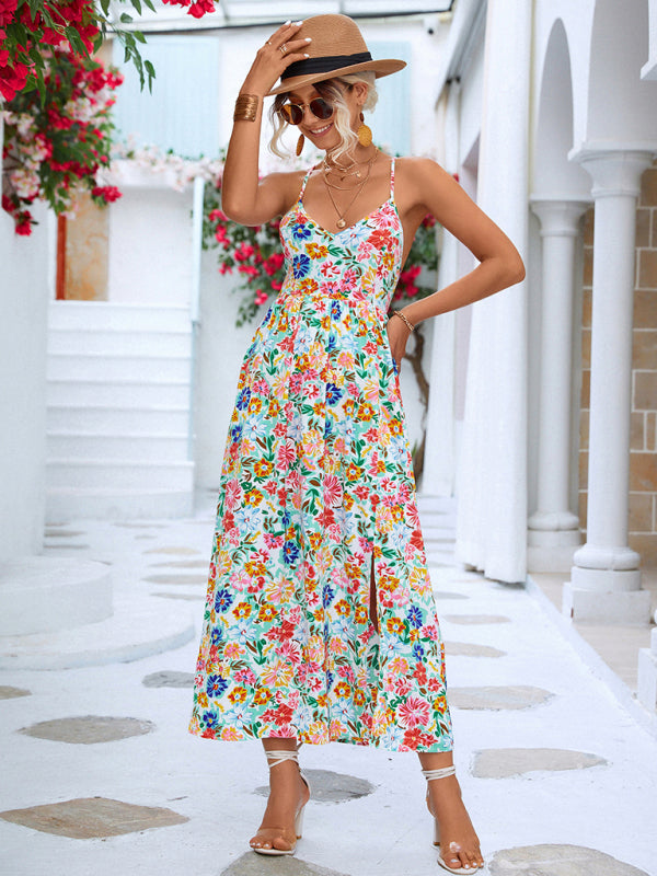 Floral Backless Slit Slip Dress – V-Neck Lightweight Spring-Summer Dress