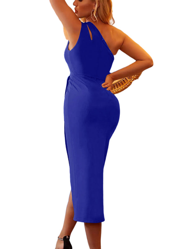 Asymmetric One-Shoulder Midi Dress – Sleeveless, Elegant & Curve-Hugging Fit