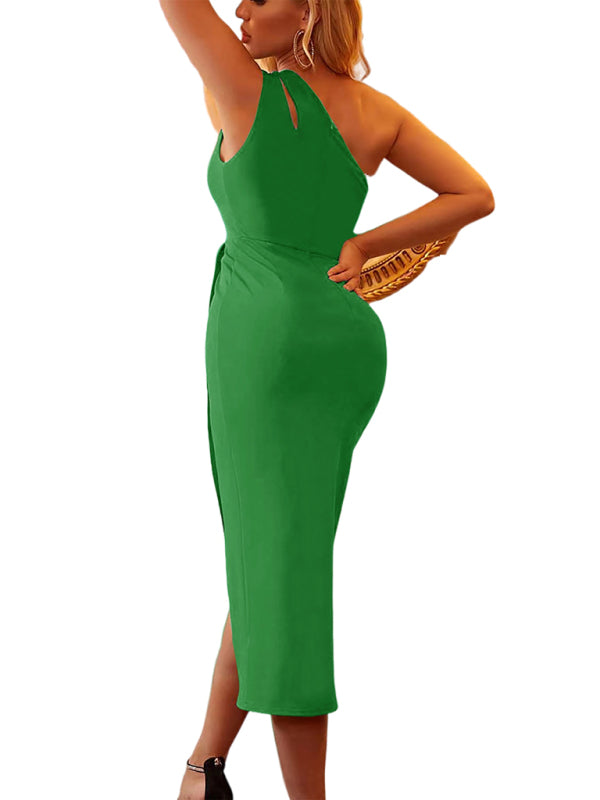 Asymmetric One-Shoulder Midi Dress – Sleeveless, Elegant & Curve-Hugging Fit