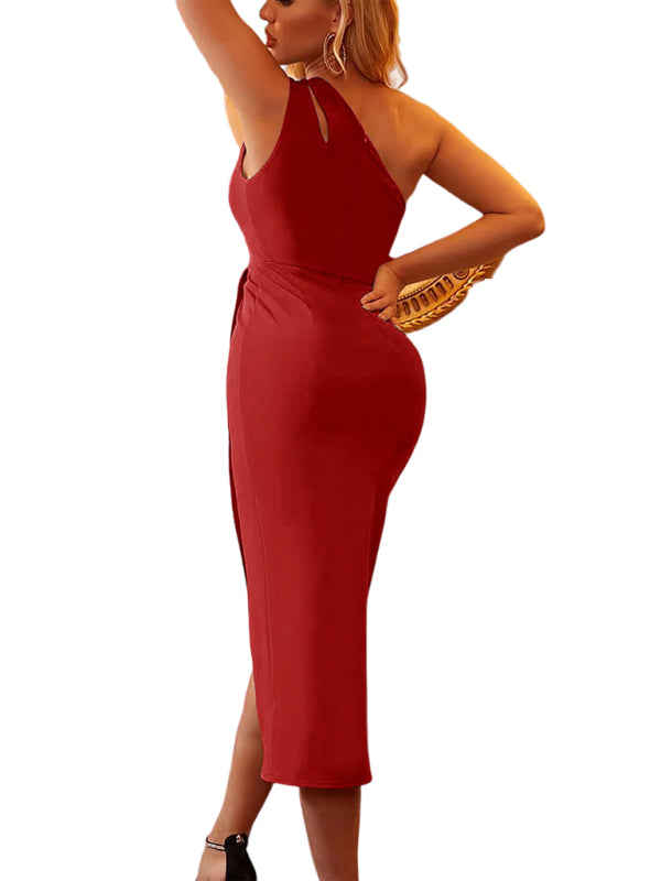 Asymmetric One-Shoulder Midi Dress – Sleeveless, Elegant & Curve-Hugging Fit