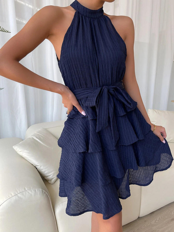 Sleeveless Ruffled Midi Dress – Pleated Design, Round Neck, Summer Chic