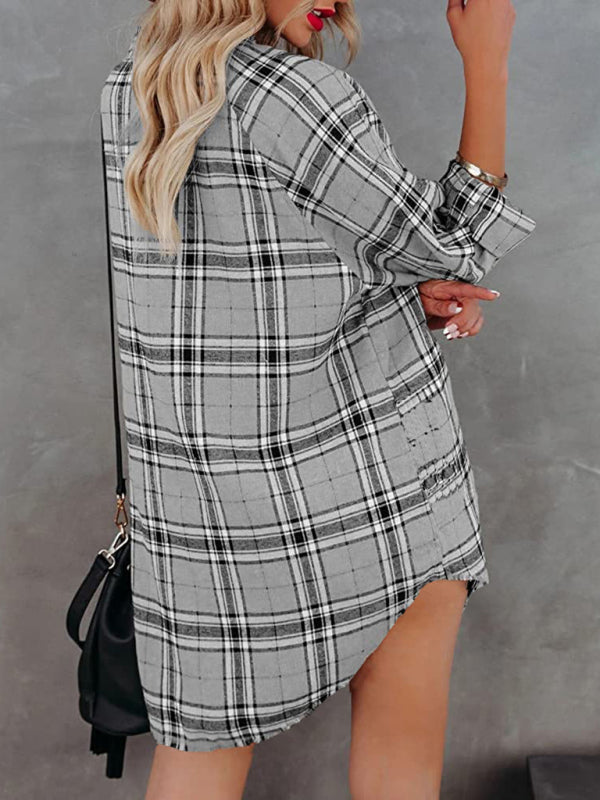 Kariertes Hemdkleid mit V-Ausschnitt für Damen – Lange Ärmel, Baumwollmischung, Frühlingsstil