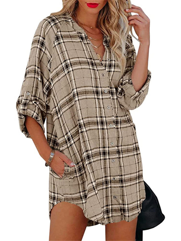 Kariertes Hemdkleid mit V-Ausschnitt für Damen – Lange Ärmel, Baumwollmischung, Frühlingsstil