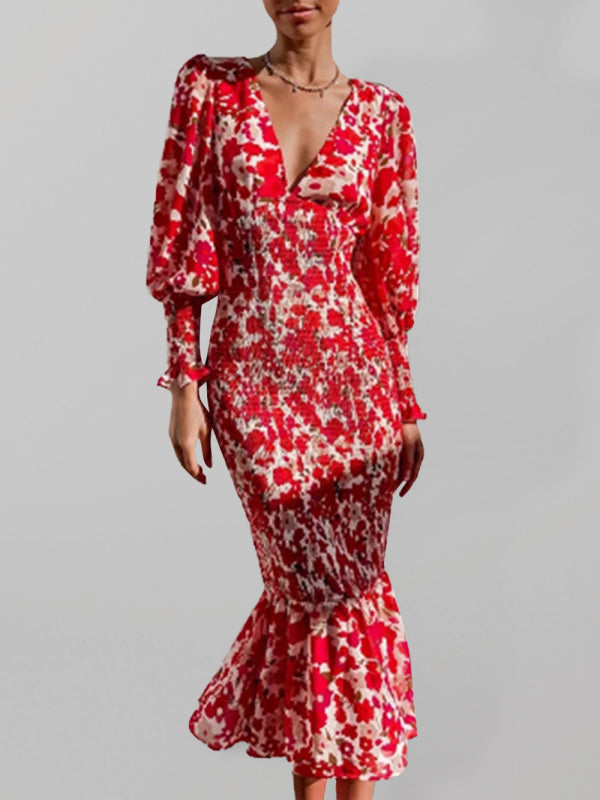 Sexy V-Neck Long Sleeve Slim Dress – Stretch Fit with Bold Prints