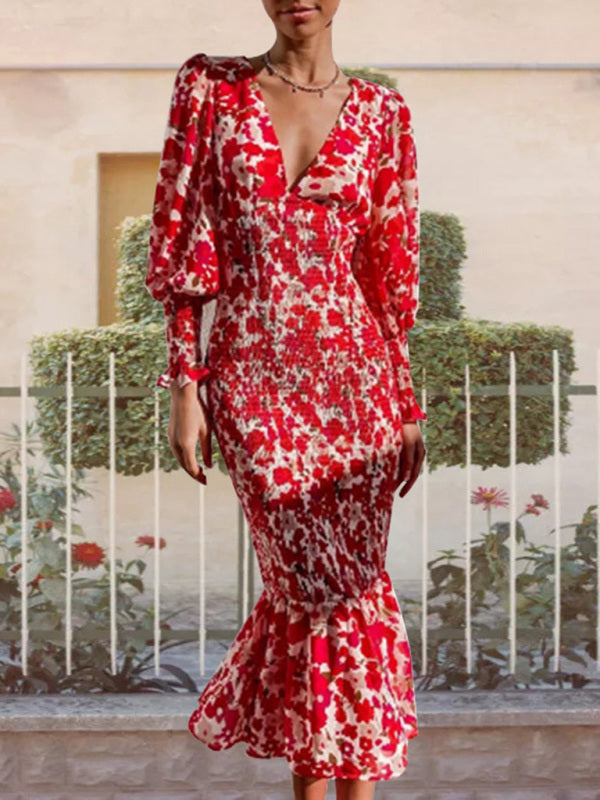 Sexy V-Neck Long Sleeve Slim Dress – Stretch Fit with Bold Prints