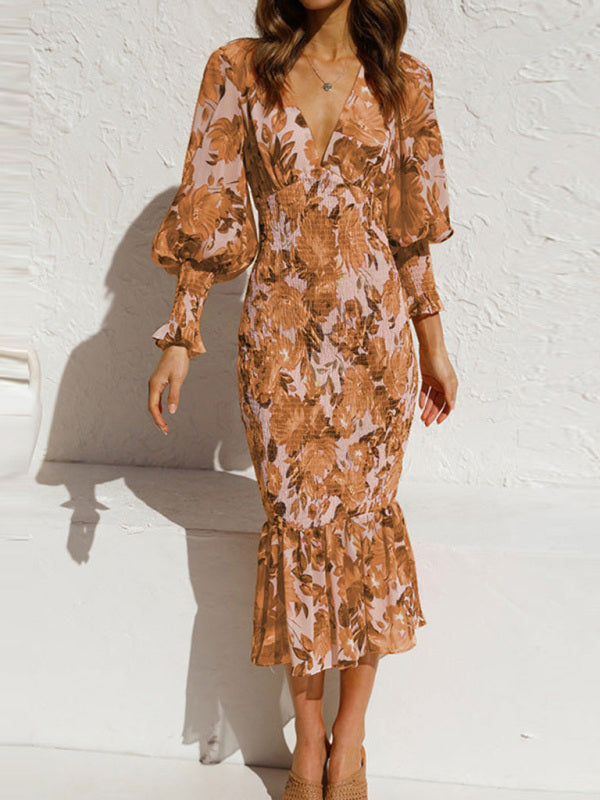 Sexy V-Neck Long Sleeve Slim Dress – Stretch Fit with Bold Prints