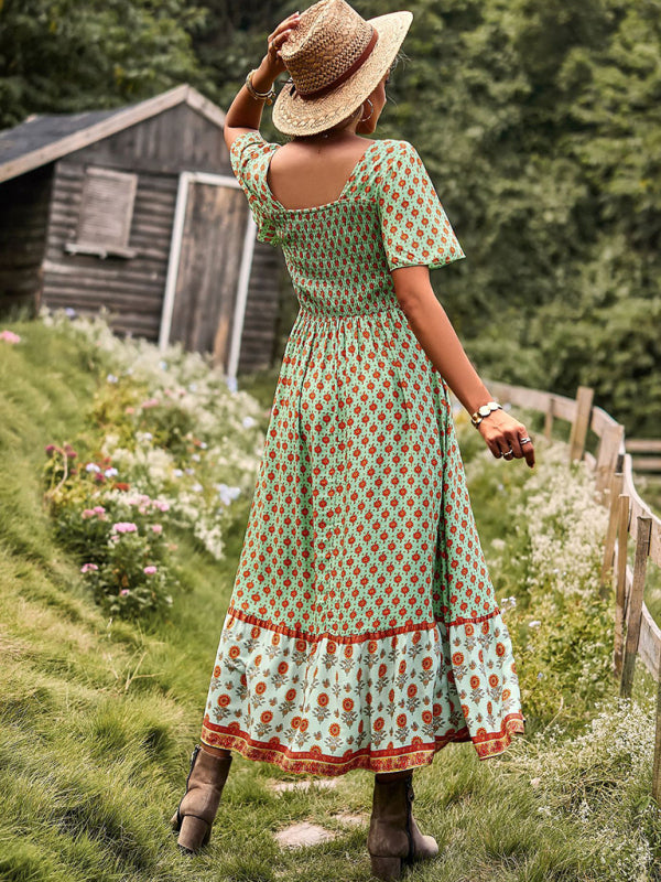 Bohemian Square-Neck Midi Dress – Short Sleeves, High Waist, Woven Viscose