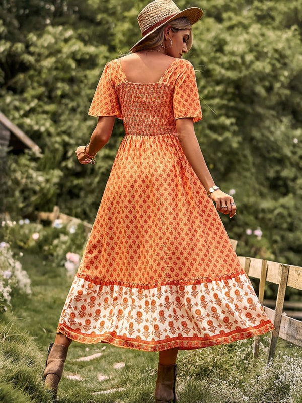 Bohemian Square-Neck Midi Dress – Short Sleeves, High Waist, Woven Viscose