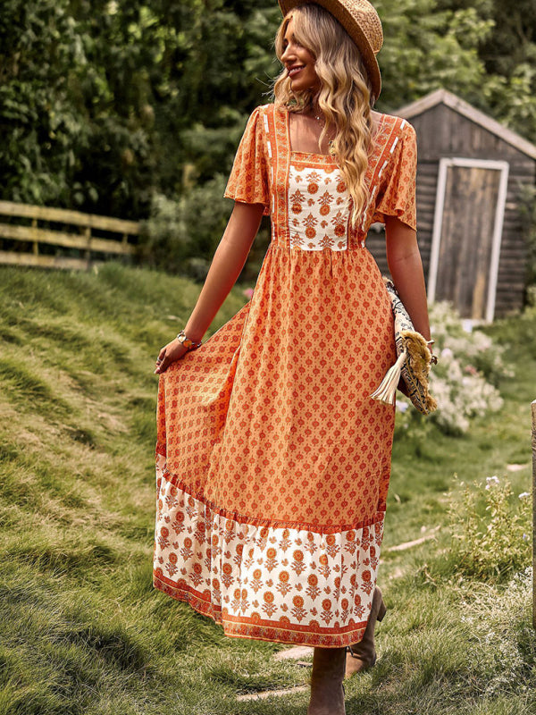Bohemian Square-Neck Midi Dress – Short Sleeves, High Waist, Woven Viscose