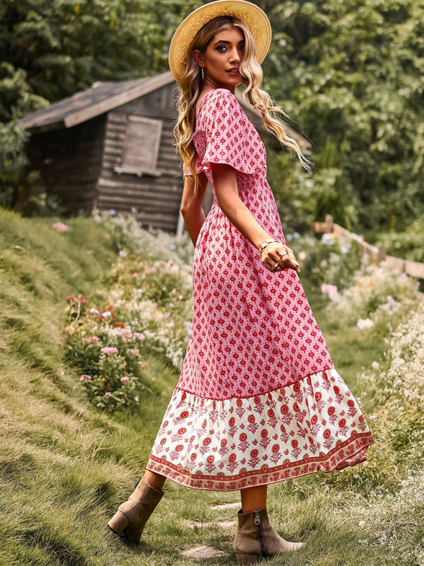 Bohemian Square-Neck Midi Dress – Short Sleeves, High Waist, Woven Viscose