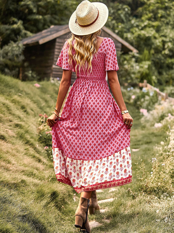 Bohemian Square-Neck Midi Dress – Short Sleeves, High Waist, Woven Viscose