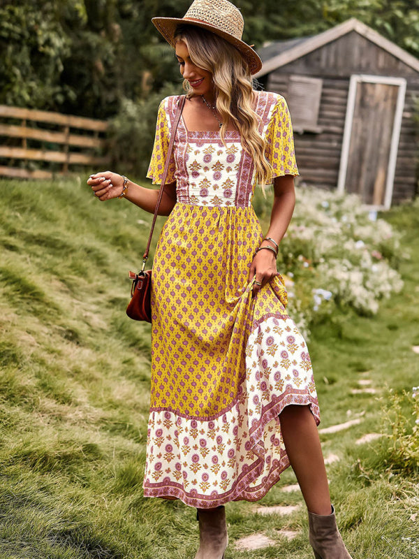 Bohemian Square-Neck Midi Dress – Short Sleeves, High Waist, Woven Viscose