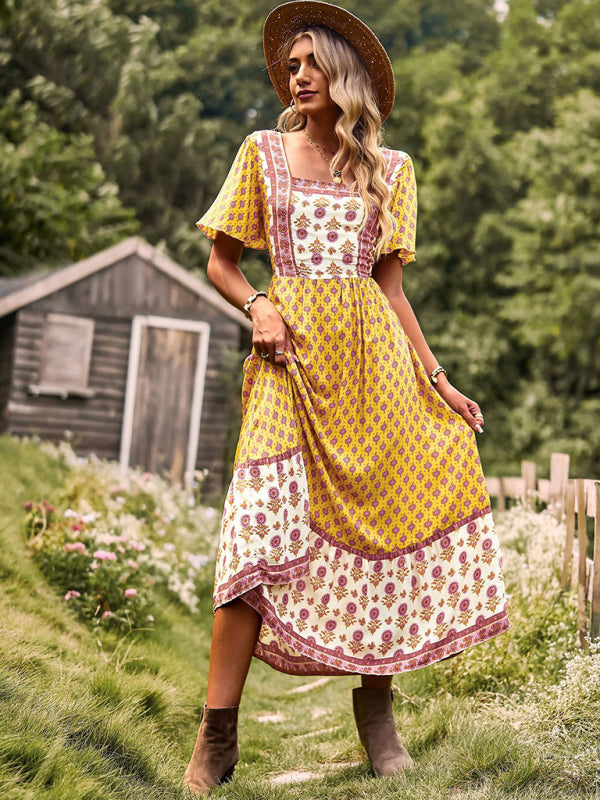 Bohemian Square-Neck Midi Dress – Short Sleeves, High Waist, Woven Viscose