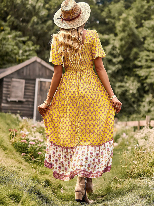Bohemian Square-Neck Midi Dress – Short Sleeves, High Waist, Woven Viscose