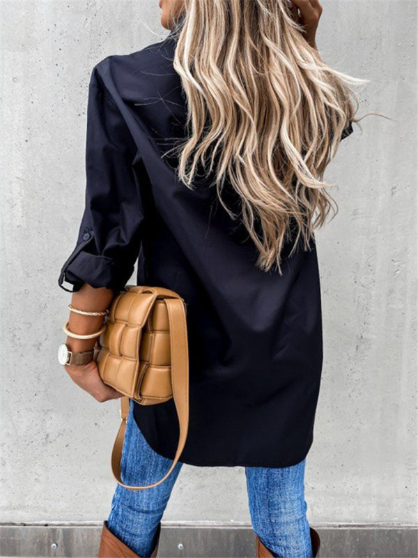 Women's Irregular Hem Long Sleeve Lapel Shirt