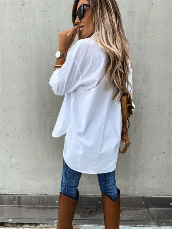 Women's Irregular Hem Long Sleeve Lapel Shirt