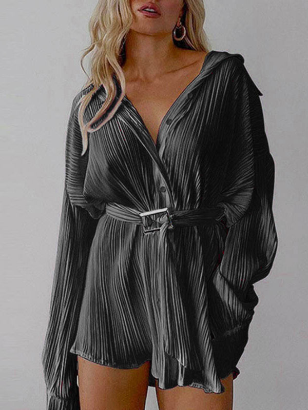 Pleated Long Sleeve Belted Shirt Dress – Casual Woven Midi, Lapel Collar