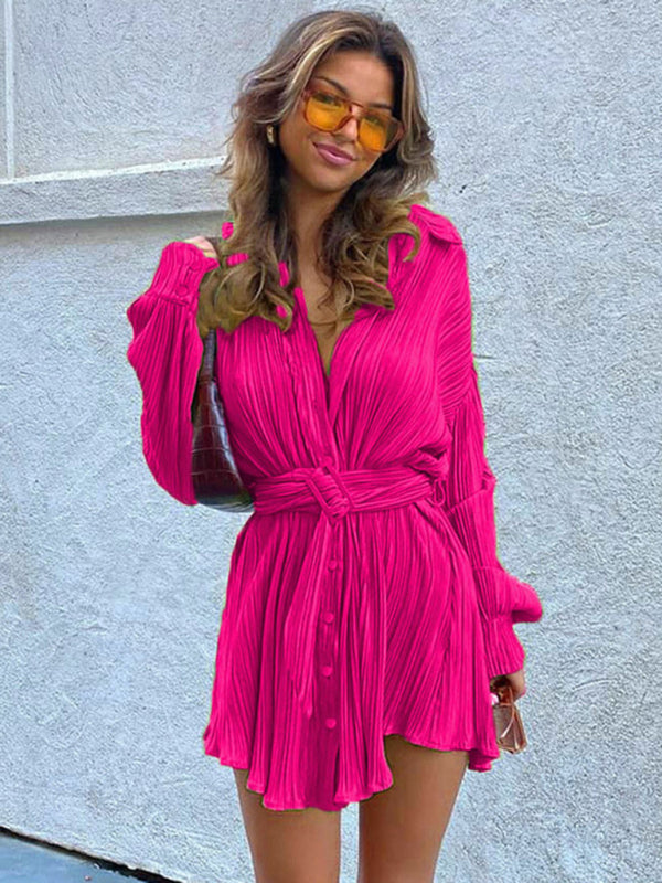 Pleated Long Sleeve Belted Shirt Dress – Casual Woven Midi, Lapel Collar