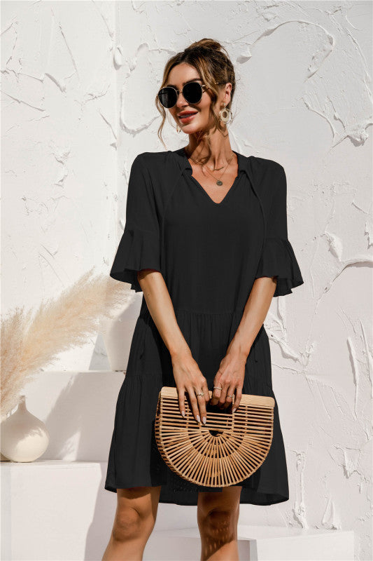Floral V-Neck Trumpet Sleeve Dress – Lightweight Woven Cake Style