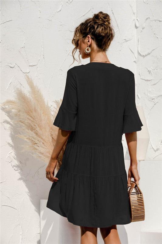 Floral V-Neck Trumpet Sleeve Dress – Lightweight Woven Cake Style