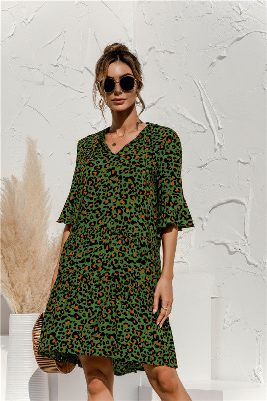 Floral V-Neck Trumpet Sleeve Dress – Lightweight Woven Cake Style