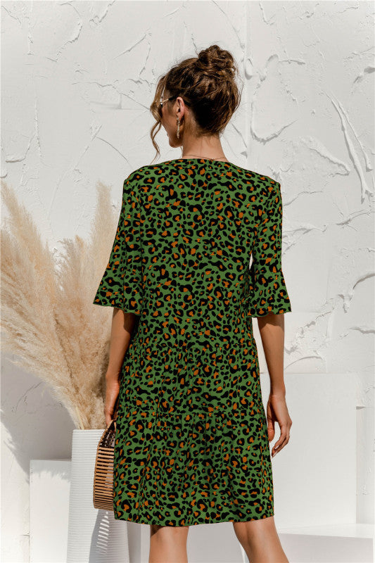 Floral V-Neck Trumpet Sleeve Dress – Lightweight Woven Cake Style