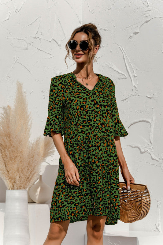 Floral V-Neck Trumpet Sleeve Dress – Lightweight Woven Cake Style