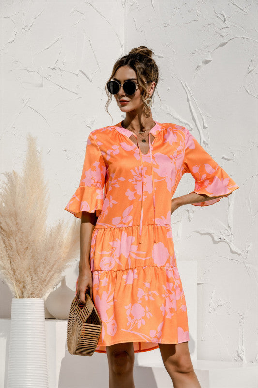 Floral V-Neck Trumpet Sleeve Dress – Lightweight Woven Cake Style
