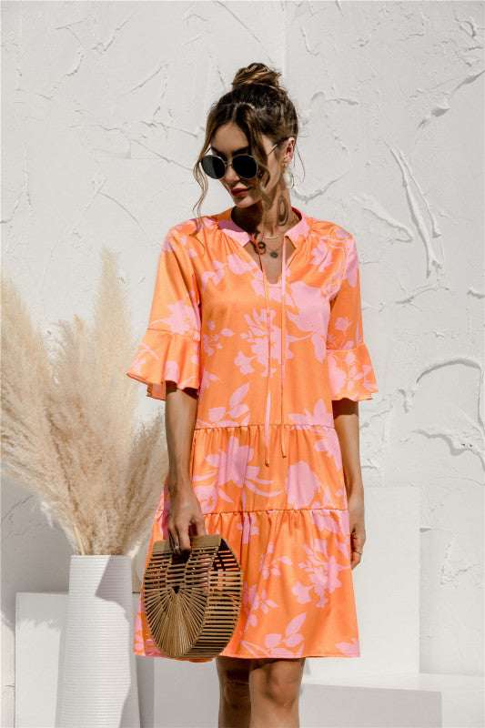 Floral V-Neck Trumpet Sleeve Dress – Lightweight Woven Cake Style
