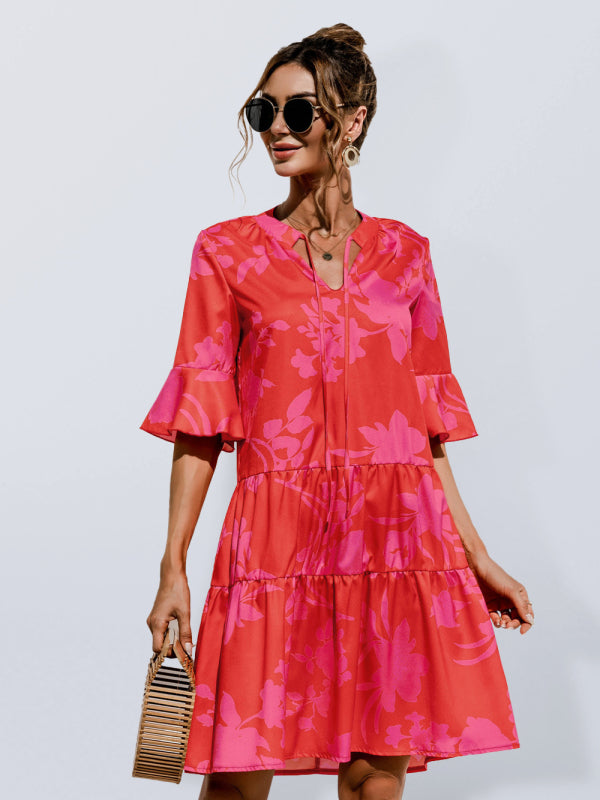 Floral V-Neck Trumpet Sleeve Dress – Lightweight Woven Cake Style