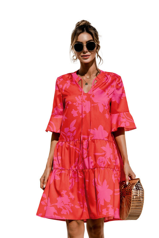 Floral V-Neck Trumpet Sleeve Dress – Lightweight Woven Cake Style