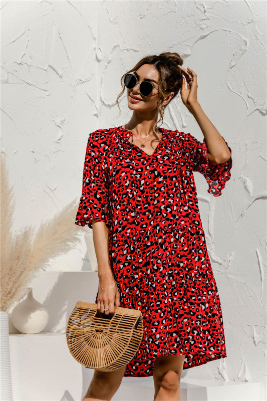 Floral V-Neck Trumpet Sleeve Dress – Lightweight Woven Cake Style