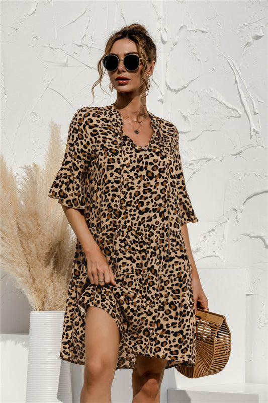 Floral V-Neck Trumpet Sleeve Dress – Lightweight Woven Cake Style