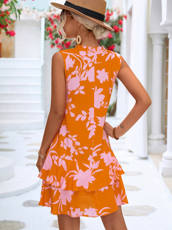 Floral Strappy Ruffle Vacation Dress – Sleeveless V-Neck Summer Style