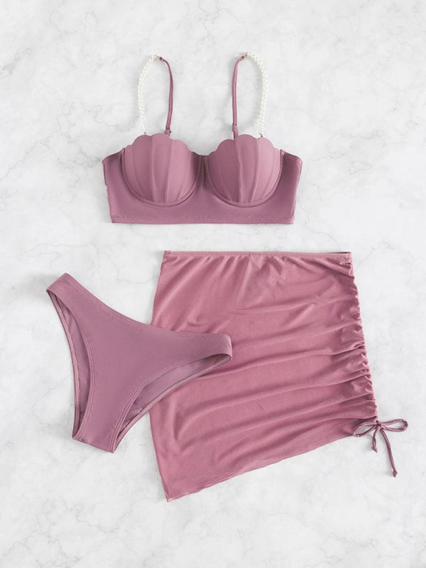 Solid Shell-Shaped Bikini 3-Piece Set – Sleek, Sexy & Comfortable